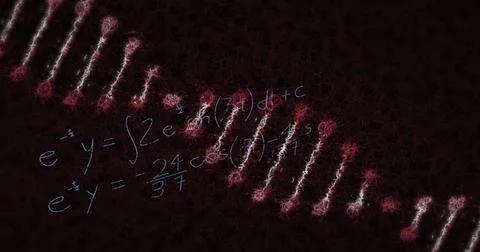 Image of dna rotating over black background with math formulas Stockillustratie