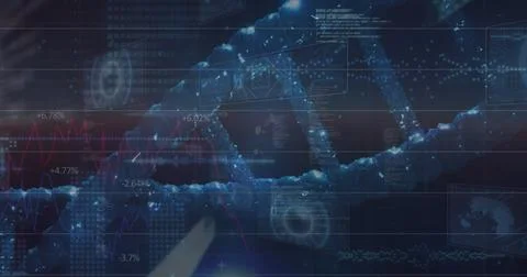 Image of dna rotating over data processing and graphs over landscape 스톡 사진