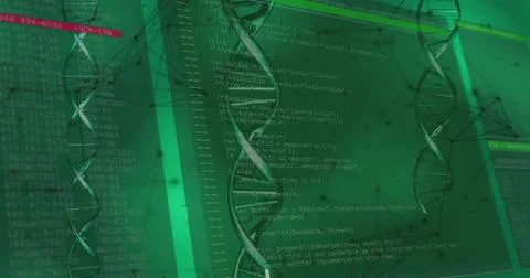 Image of dna rotating over data, lines and shapes on green background Stock Photos