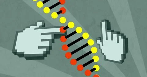 Image of dna rotating over green background with hands Stock Illustration