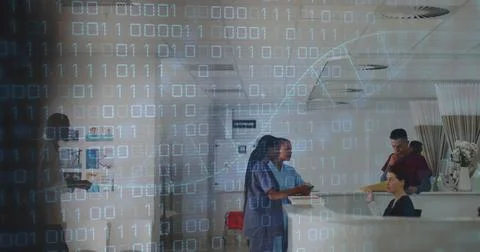 Image of dna strand and binary coding data processing over diverse doctors in イラスト素材