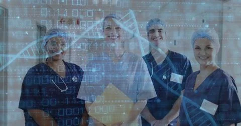 Image of dna strand and binary data over portrait of smiling diverse female and Stock Photos