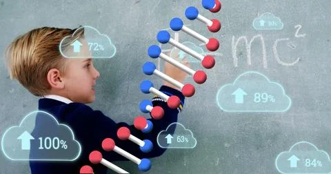 Image of dna strand and clouds with data processing over caucasian schoolboy Stock Photos