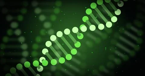 Image of dna strand and data processing on green background Illustrazione stock
