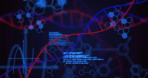 Image of dna strand and data processing on black background Illustrazione stock