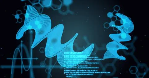 Image of dna strand and data processing on black background Illustrazione stock