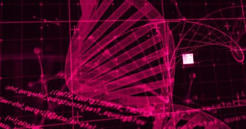 Image of dna strand and data processing on black background Stockillustratie