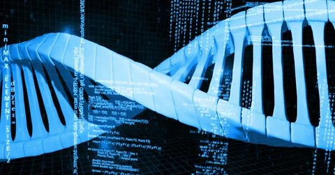 Image of dna strand and data processing on black background Illustrazione stock