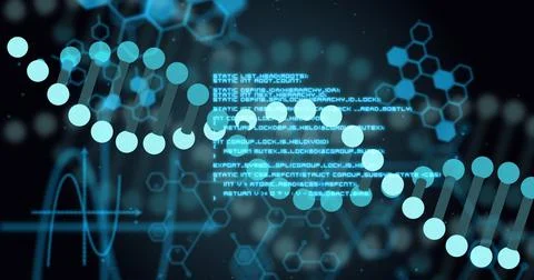 Image of dna strand and data processing on black background Stock Illustration