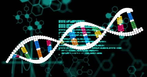 Image of dna strand and data processing on black background Illustrazione stock