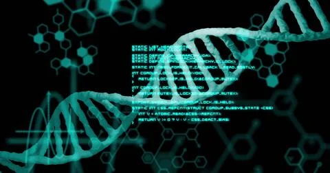 Image of dna strand and data processing on black background Stockillustratie