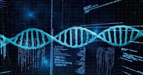 Image of dna strand and data processing on black background Illustrazione stock