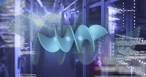 Image of dna strand and data processing over server room Illustrazione stock