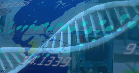 Image of dna strand and data processing over caucasian scientist in lab Ilustração Stock