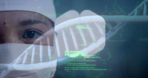 Image of dna strand and data processing over asian female surgeon in hospital Stock Illustration