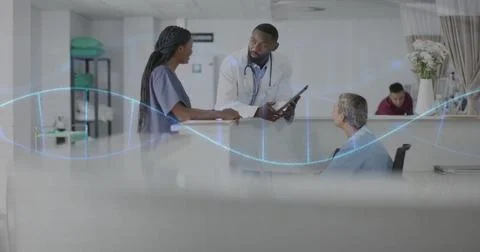 Image of dna strand and data processing over diverse doctors in hospital 스톡 일러스트
