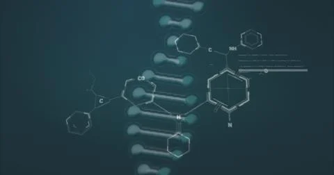 Image of dna strand and data processing with chemical formula on black Stock Illustration