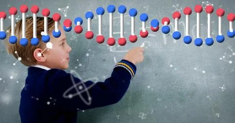 Image of dna strand and data processing over caucasian schoolboy Stock Illustration