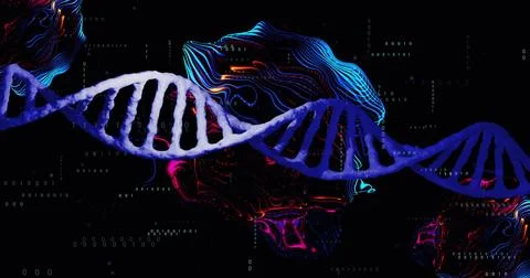 Image of dna strand and data processing on black background Stock Illustration
