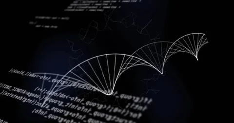 Image of dna strand and data processing on black background Illustrazione stock