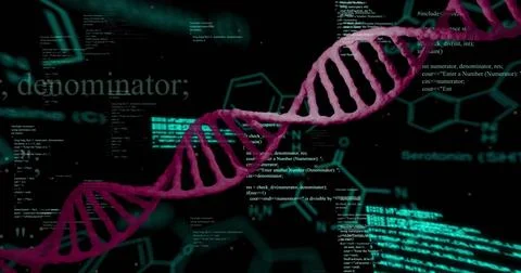Image of dna strand and data processing over dark background Illustrazione stock