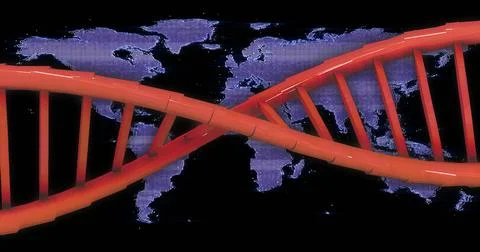 Image of dna strand and data processing over world map 스톡 일러스트