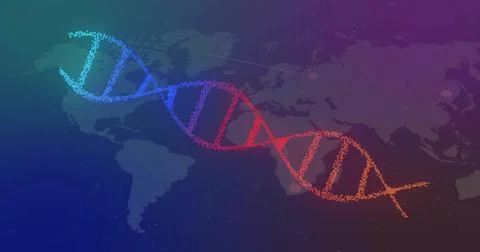 Image of dna strand and data processing over world map 스톡 일러스트