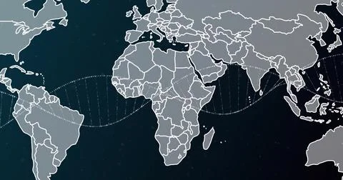 Image of dna strand and data processing over world map 스톡 일러스트