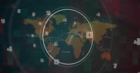 Image of dna strand and data processing over world map Ilustración de archivo