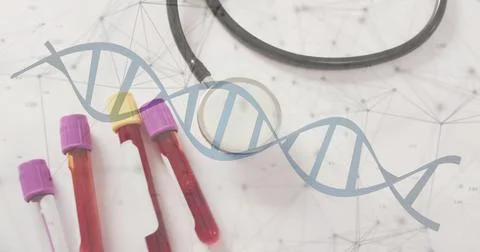 Image of dna strand and data processing over stethoscope 库存插图