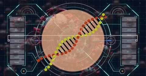 Image of dna strand and data processing over virus cells Stock Illustration