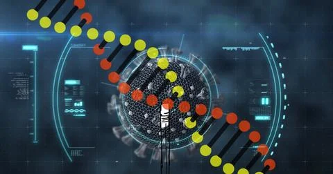 Image of dna strand and data processing over virus cell Ilustración de archivo