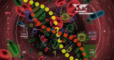 Image of dna strand and data processing over virus cells Stock Illustration