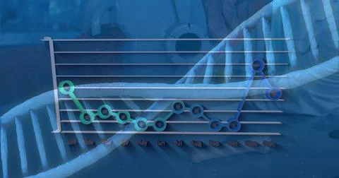 Image of dna strand and data processing over caucasian scientist in lab Stock Photos
