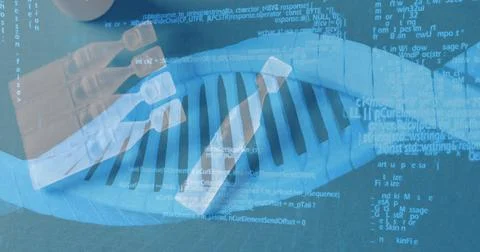 Image of dna strand and data processing over samples Foto stock
