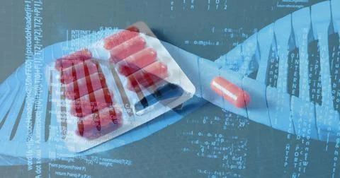 Image of dna strand and data processing over pills Stock Photos