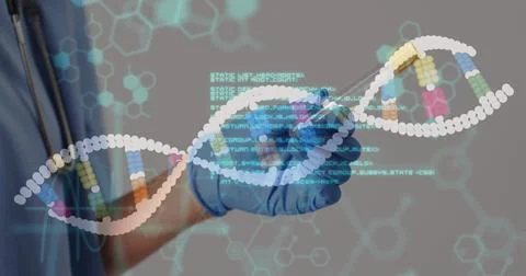 Image of dna strand and data processing over biracial doctor with test tube Stock Photos