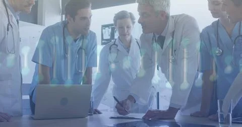 Image of dna strand and data processing over diverse doctors 스톡 사진