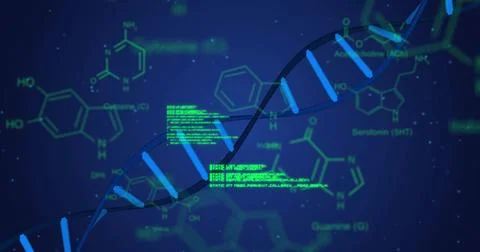 Image of dna strand and data processing over blue background Foto stock