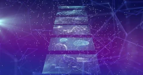 Image of dna strand and data processing on screens with connections Stock Photos