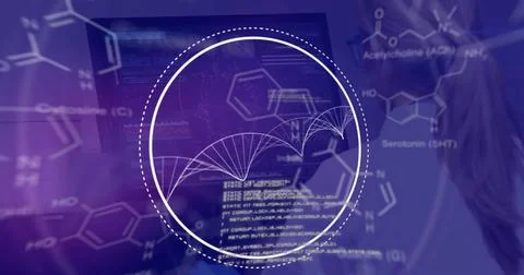 Image of dna strand and data processing over dark background Foto stock