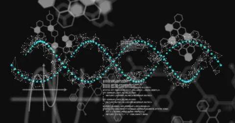 Image of dna strand and data processing over dark background 스톡 사진