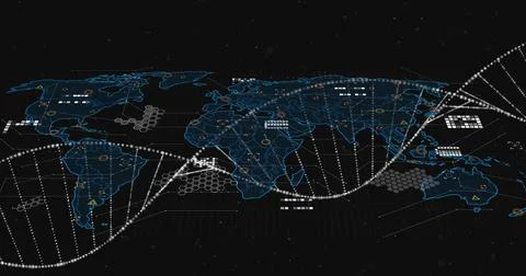 Image of dna strand and data processing over world map Foto stock