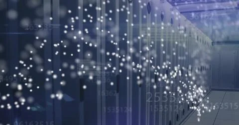 Image of dna strand and data processing over server room Foto stock