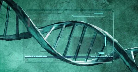 Image of dna strand and data processing over screen Foto stock