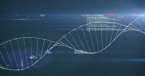 Image of dna strand and data processing over blue background 스톡 사진