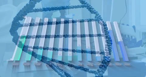 Image of dna strand and data processing over digital icons Stock Photos