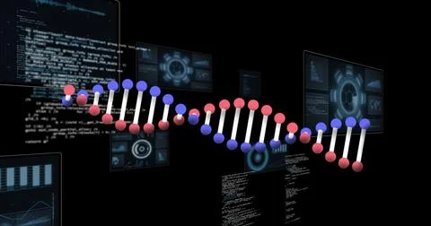 Image of dna strand and data processing on black background Foto stock
