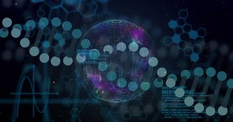 Image of dna strand and digital data processing over globe Illustrazione stock