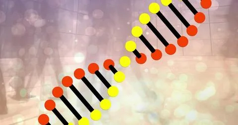 Image of dna strand and glowing spots over diverse people walking on street Stock Illustration